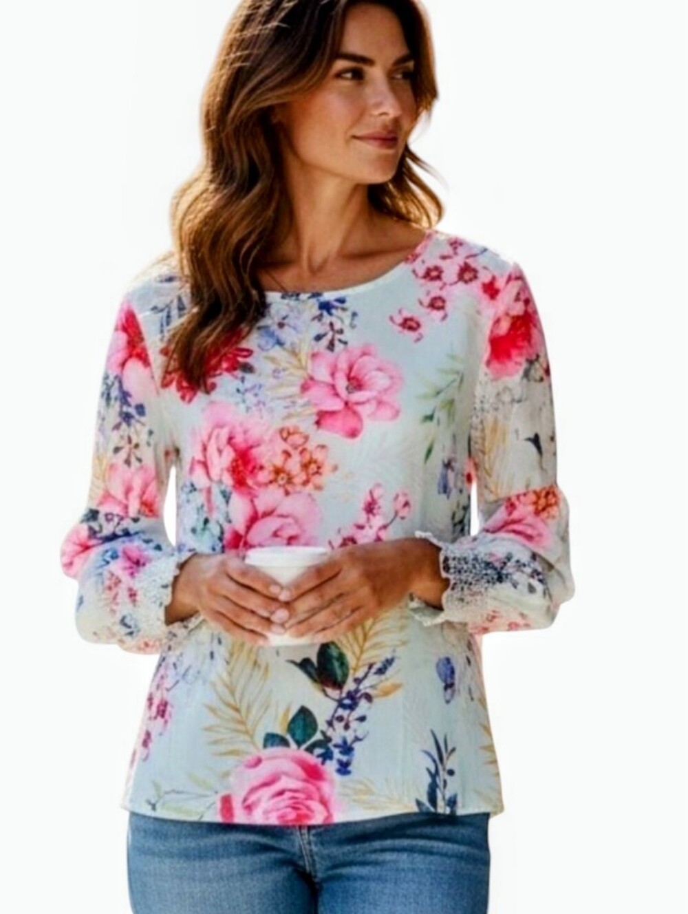 Floral Print Women's Top - Multicolor Sheer Sz.L